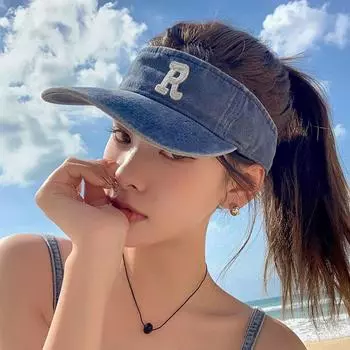 Летняя кепка с буквой R от солнца, джинсовая пустая шляпа-цилиндр, женская шляпа для путешествий на открытом воздухе, солнцезащитная шляпа, закрывающая лицо, универсальная Adjustable светло-синий