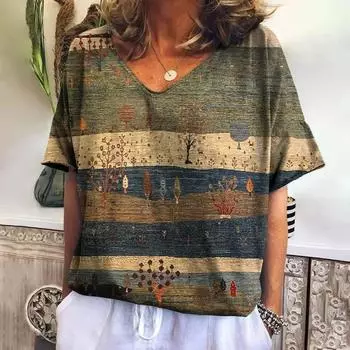 Летняя клетчатая футболка с V-образным вырезом для женщин, повседневная толстовка, новые футболки, одежда Harajuku, свободная блузка с коротким рукавом, модные женские топы S