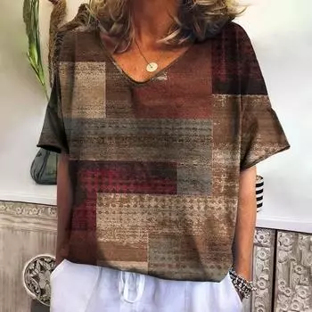 Летняя клетчатая футболка с V-образным вырезом для женщин, повседневная толстовка, новые футболки, одежда Harajuku, свободная блузка с коротким рукавом, модные женские топы S