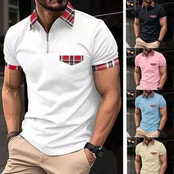 Летняя клетчатая рубашка поло больших размеров, мужская спортивная рубашка поло с карманом на молнии S чёрный