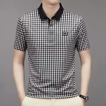 Летняя клетчатая рубашка поло, мужская бесшовная футболка с короткими рукавами, деловая, для среднего возраста, с лацканами M