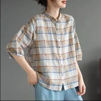 Летняя клетчатая рубашка с пятью рукавами для женщин, свободная однобортная рубашка в стиле ретро M абрикосовый