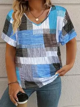 Летняя клетчатая женская футболка с V-образным вырезом, повседневные топы с коротким рукавом, клетчатый принт, модная баска, женская одежда больших размеров M