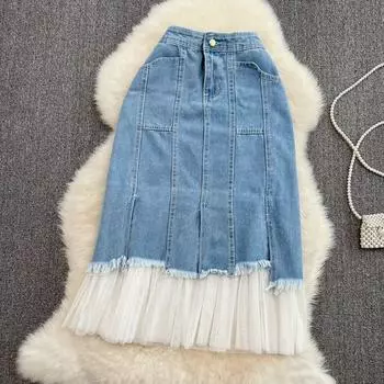 Летняя корейская мода, сексуальная кружевная строчка А-образной формы с разрезом, чтобы показать тонкую джинсовую юбку средней длины с высокой талией S синий