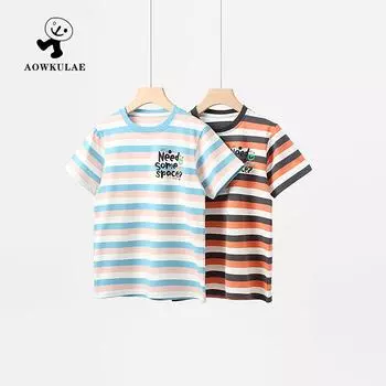 Летняя корейская полосатая футболка с коротким рукавом и рисунком для девочек 120cm оранжевый/серый