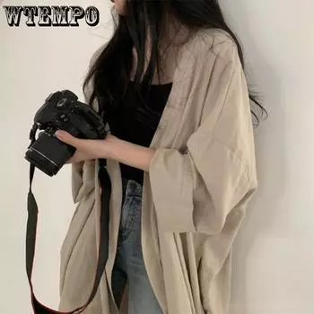 Летняя корейская свободная куртка-кардиган с длинными рукавами, женская рубашка, однотонная тонкая ветровка, солнцезащитная куртка, женская одежда S чёрный