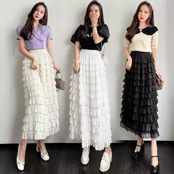 Летняя корейская юбка-торт из шифона Qooth, элегантная юбка-трапеция средней длины с высокой талией QT2497 S чёрный