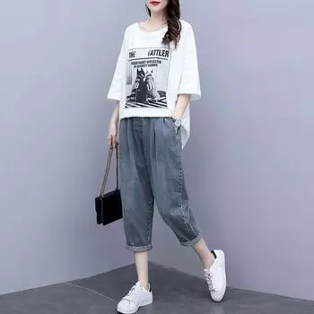Летняя корейская версия футболки больших размеров, женские свободные повседневные джинсы, модный костюм из двух частей M холодный белый