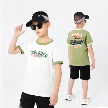 Летняя корейская версия новой детской спортивной толстовки с коротким рукавом для больших детей из чистого хлопка с принтом, футболка с коротким рукавом для мальчиков 120cm