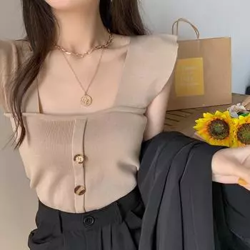 Летняя корейская версия новой тонкой сексуальной маленькой свежей короткой майки-халтера с открытыми плечами One size