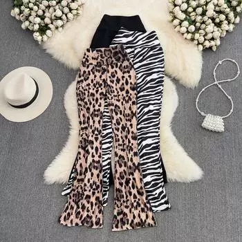 Летняя корейская версия облегающих свободных универсальных повседневных расклешенных брюк с леопардовым принтом и высокой талией