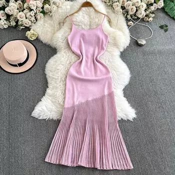 Летняя корейская женская одежда без рукавов свитер платье без рукавов трикотажное длинное платье с рыбьим хвостом женские платья One Size чёрный