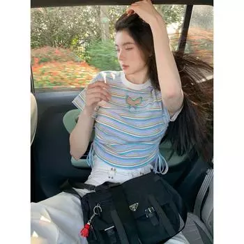 Летняя короткая футболка в полоску с бабочкой, женская ниша, дизайн, милая горячая девушка, ремень с коротким рукавом L