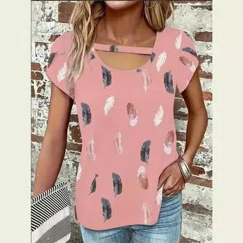 Летняя короткая рукава U-образный воротник перо принт женская мода пуловеры футболка блузка топ S