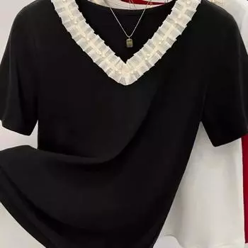 Летняя красная футболка с короткими рукавами и V-образным вырезом, модная маленькая футболка с V-образным вырезом и кружевом XXXXL чёрный