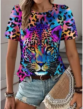 Летняя красочная леопардовая футболка с 3D-принтом для женщин, уличная одежда, повседневная мода, футболка большого размера с коротким рукавом, футболки с круглым вырезом, топы, одежда XS