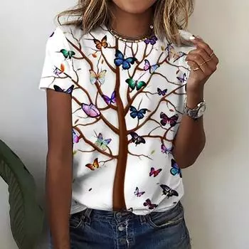 Летняя красочная женская футболка с 3d цветочным принтом и круглым вырезом, блузка с короткими рукавами, модная футболка больших размеров для женщин, женская одежда Y2k S