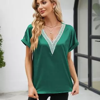 Летняя кружевная лоскутная атласная блузка с v-образным вырезом, женская зеленая, белая, черная свободная рубашка с короткими рукавами, топ S белый