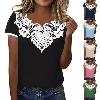 Летняя кружевная повседневная футболка с коротким рукавом и кружевной строчкой