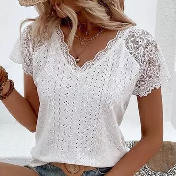 Летняя кружевная повседневная рубашка с короткими рукавами, женская винтажная облегающая белая блузка с v-образным вырезом, женские топы, элегантные женские рубашки с вырезами 24321 S белый