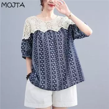 Летняя кружевная рубашка большого размера MOJTA с цветочным принтом, корейская хлопковая женская футболка one size синий