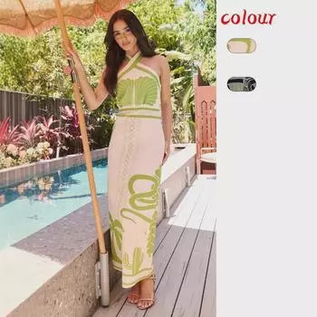 Летняя кружевная сексуальная узкая длинная юбка с вырезом-халтером - европейский и американский стиль Large цветочный/зелёный