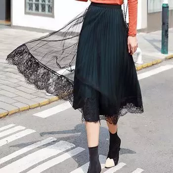 Летняя кружевная юбка с высокой талией для женщин, модная однотонная юбка с обеих сторон, элегантная повседневная плиссированная женская длинная юбка 24936 One Size чёрный