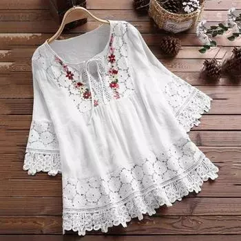 Летняя кружевная женская блузка из хлопка и льна с v-образным вырезом больших размеров, свободная белая рубашка на шнуровке, женская 2024, винтажные топы с расклешенными рукавами 30659 S розы красного