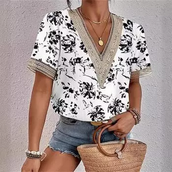 Летняя кружевная женская блузка с v-образным вырезом и свободным принтом, топы, стильная офисная женская рубашка с коротким рукавом, женская винтажная элегантная повседневная блузка, женская одежда 24308 S
