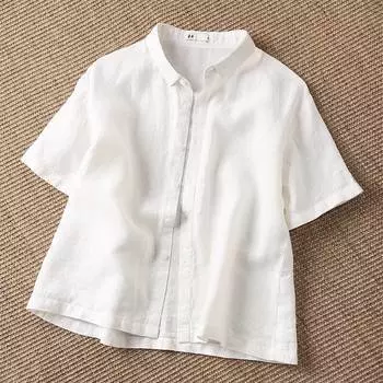 Летняя льняная тонкая однотонная рубашка в стиле ретро с короткими рукавами, женский костюм с воротником, короткий стиль, маленькие универсальные блузки и рубашки M белый