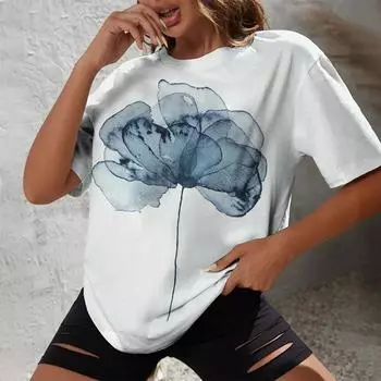 Летняя легкая и удобная женская футболка с круглым вырезом, модный и элегантный повседневный женский топ с цветочным принтом S