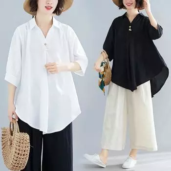 Летняя литература плюс свободная однотонная рубашка с V-образным вырезом и короткими рукавами женская рубашка топ Блузки и рубашки M белый