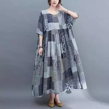 Летняя литература плюс свободное хлопковое льняное клетчатое платье с короткими рукавами женские длинные повседневные платья One Size