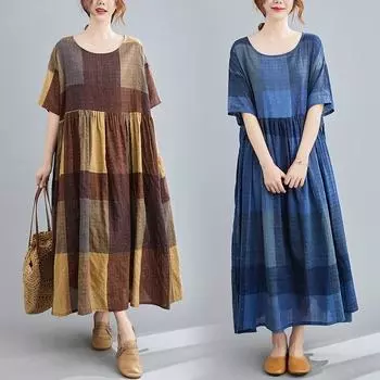 Летняя литература плюс свободное хлопковое льняное клетчатое платье с короткими рукавами женские длинные повседневные платья M синий