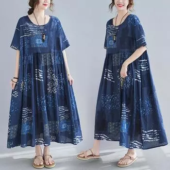 Летняя литература плюс свободное хлопковое льняное платье с короткими рукавами с принтом женские длинные повседневные платья M синий