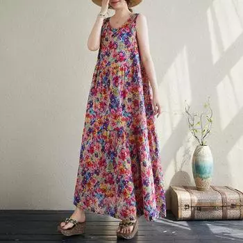 Летняя литература плюс свободный принт круглый вырез без рукавов платье женское жилет средней длины one size