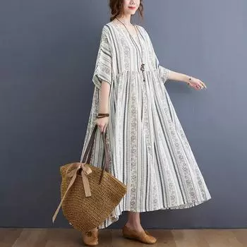 Летняя литература плюс свободный принт круглый вырез короткий рукав платье женские длинные платья one size тёмно-синий