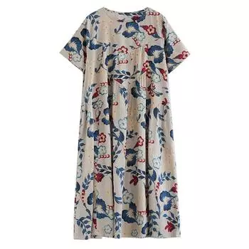 Летняя литература плюс свободный принт круглый вырез короткий рукав повседневное платье для женщин длинные платья винтаж one size