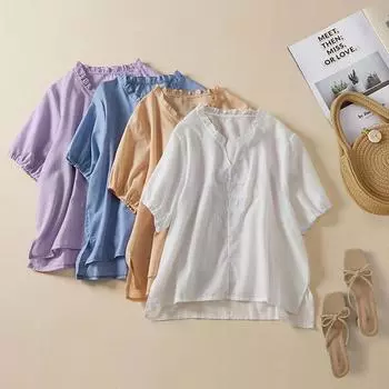 Летняя литература ретро легкая свободная универсальная дышащая рубашка из хлопка и пеньки с V-образным вырезом с вышивкой блузки и рубашки с коротким рукавом M шампанского
