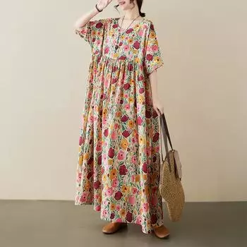 Летняя литература с коротким рукавом платья больших размеров с цветочным принтом и круглым вырезом женское длинное платье one size