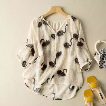 Летняя литература свободная хлопковая льняная рубашка с принтом V-образным вырезом и рукавами пять четвертей женская рубашка-пуловер M абрикосовый