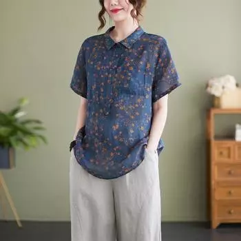 Летняя литература свободная хлопковая льняная рубашка с цветочным воротником и короткими рукавами женская рубашка топ M зелёный