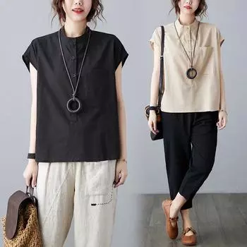 Летняя литература свободная однотонная хлопковая льняная рубашка с круглым вырезом без рукавов женская рубашка топ блузки и рубашки M чёрный