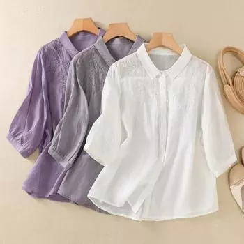 Летняя литература свободная однотонная рубашка с вышитым цветочным узором и короткими рукавами женская рубашка верх блузки и рубашки M фиолетовый
