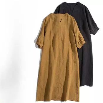 Летняя литература Свободное однотонное хлопковое льняное платье с V-образным вырезом и короткими рукавами для женщин, повседневные платья средней и длинной длины M жёлтый
