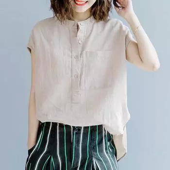 Летняя литература свободные однотонные хлопковые льняные блузки и рубашки с круглым вырезом и коротким рукавом женская рубашка топ M белый