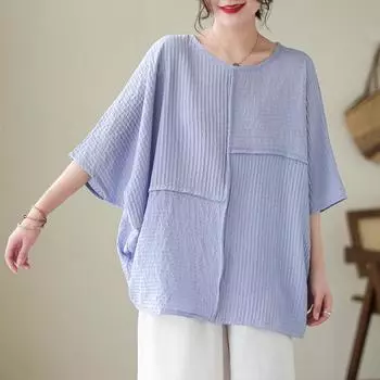 Летняя литературная блузка из хлопка и конопли с рукавами «летучая мышь», однотонная повседневная футболка с короткими рукавами для женщин XL чёрный