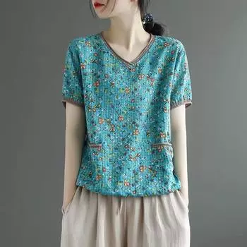 Летняя литературная ретро футболка с V-образным вырезом и короткими рукавами женская летняя свободная этническая цветочная блузка XXXXL синий