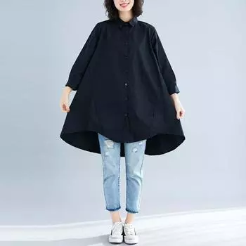 Летняя литературная рубашка больших размеров, свободная, однотонная, с лацканами, рукавом семь четвертей, для женщин, блузки и рубашки средней и большой длины L белый
