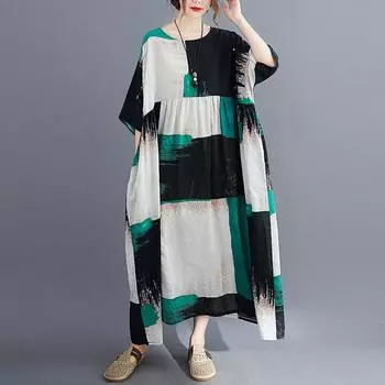 Летняя литературная женская одежда больших размеров Fat MM Свободное платье из хлопка и льна с короткими рукавами one size синий